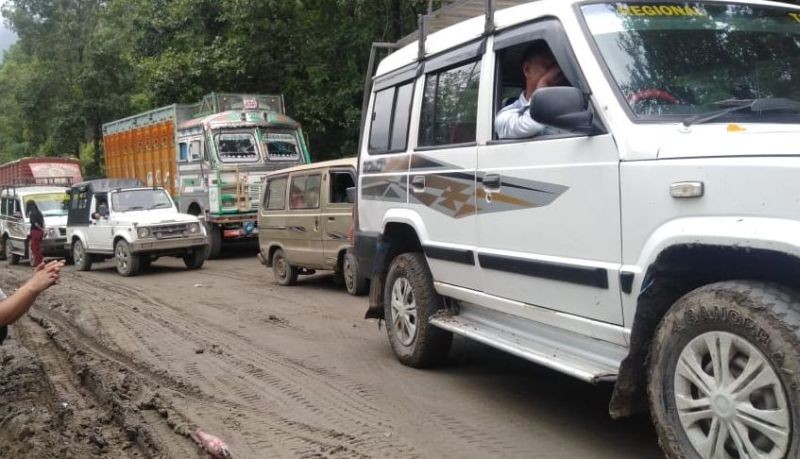 Vehicles are seen stuck in traffic along NH-2 Lerie Junction to Mao Gate in this file photo taken in July. (Morung File Photo)